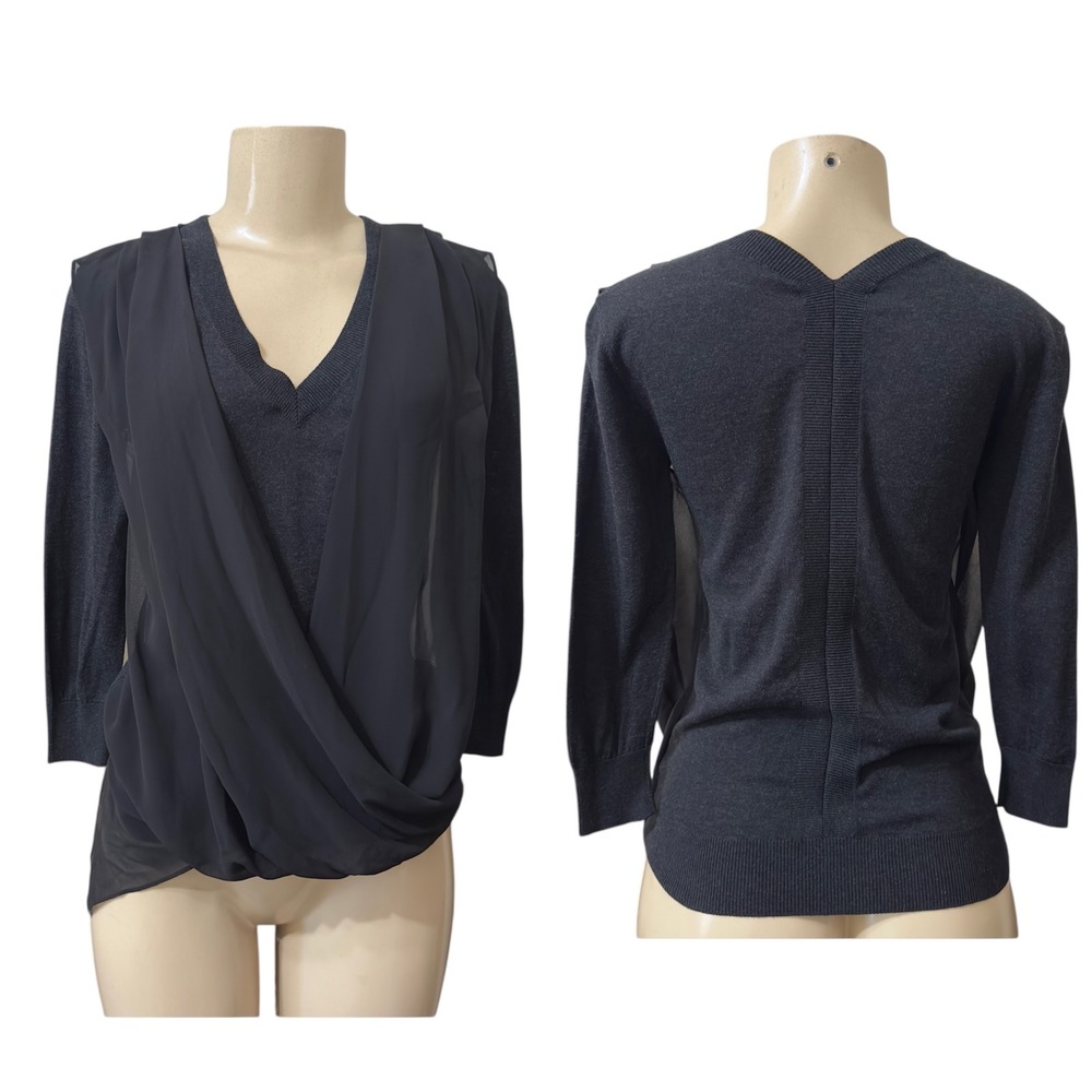 NWT AllSaints ABI Knit Top X-Small Charcoal Gray V-Neck Layered Sheer 3/4 Sleeve